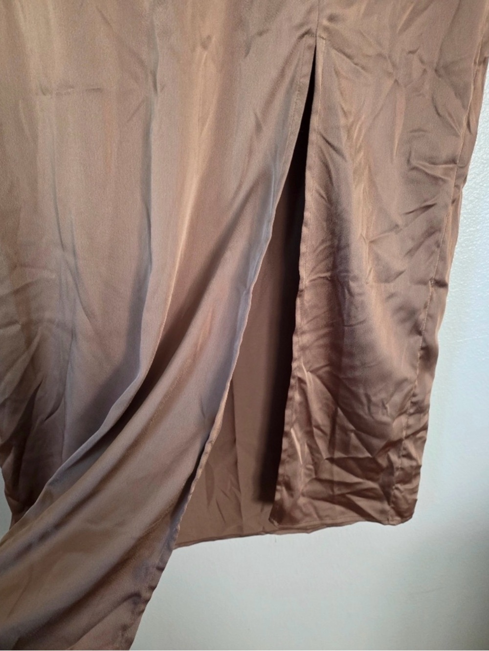 A New Day Brown Satin Midi Skirt Front Slit Elastic Waist Size Large L - Picture 5 of 6